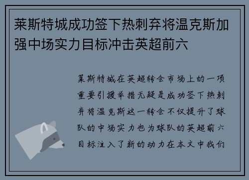 莱斯特城成功签下热刺弃将温克斯加强中场实力目标冲击英超前六