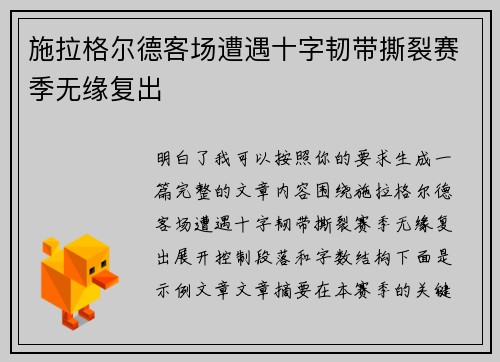 施拉格尔德客场遭遇十字韧带撕裂赛季无缘复出 施拉格尔德客场遭遇十字韧带撕裂赛季无缘复出